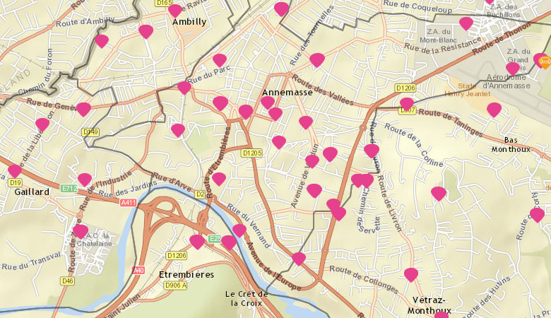 Carte interactive du territoire - Position des points d'apport volontaire
